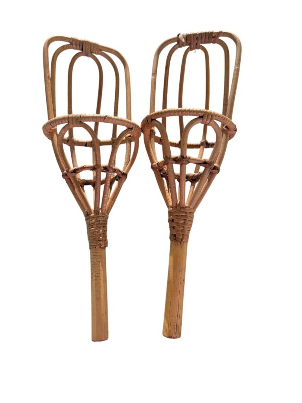 Vintage Woven Rattan Handheld Toss Game Baskets - Rustic Boho Pair For Indoor Or